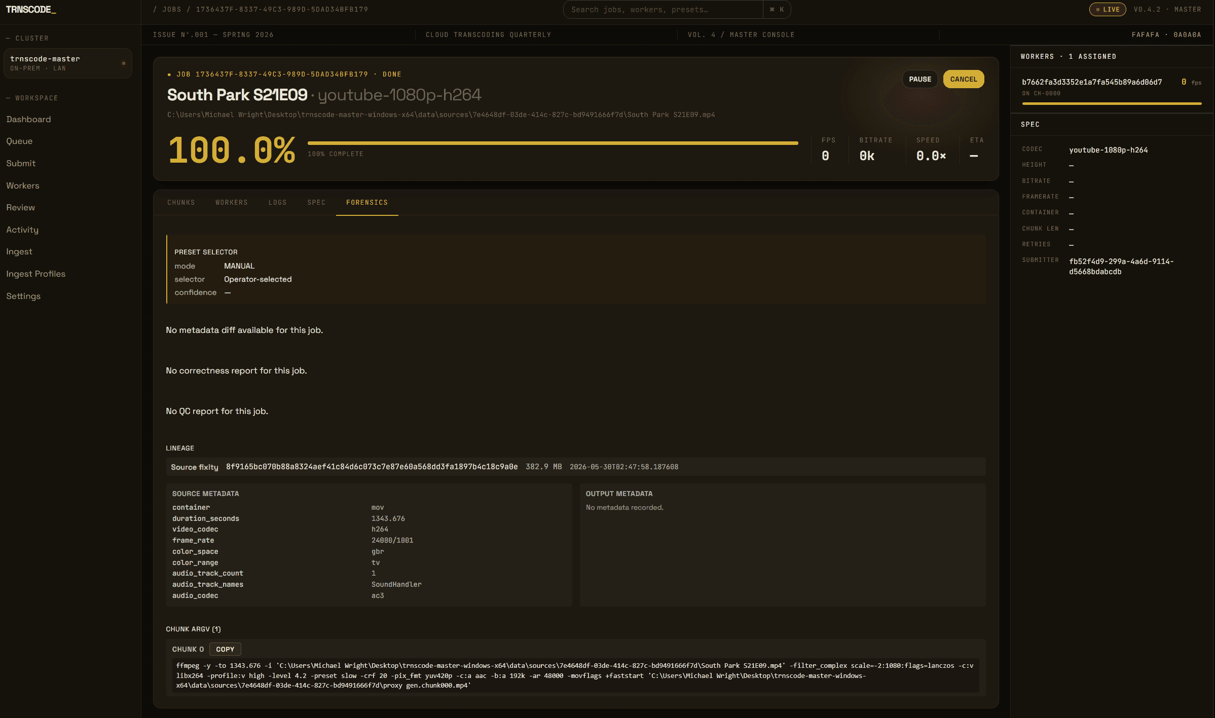 A TRNSCODE job-detail page with the Forensics tab open — the preset selector audit, source-versus-output lineage, chunk metadata, and the exact ffmpeg argv for the job.