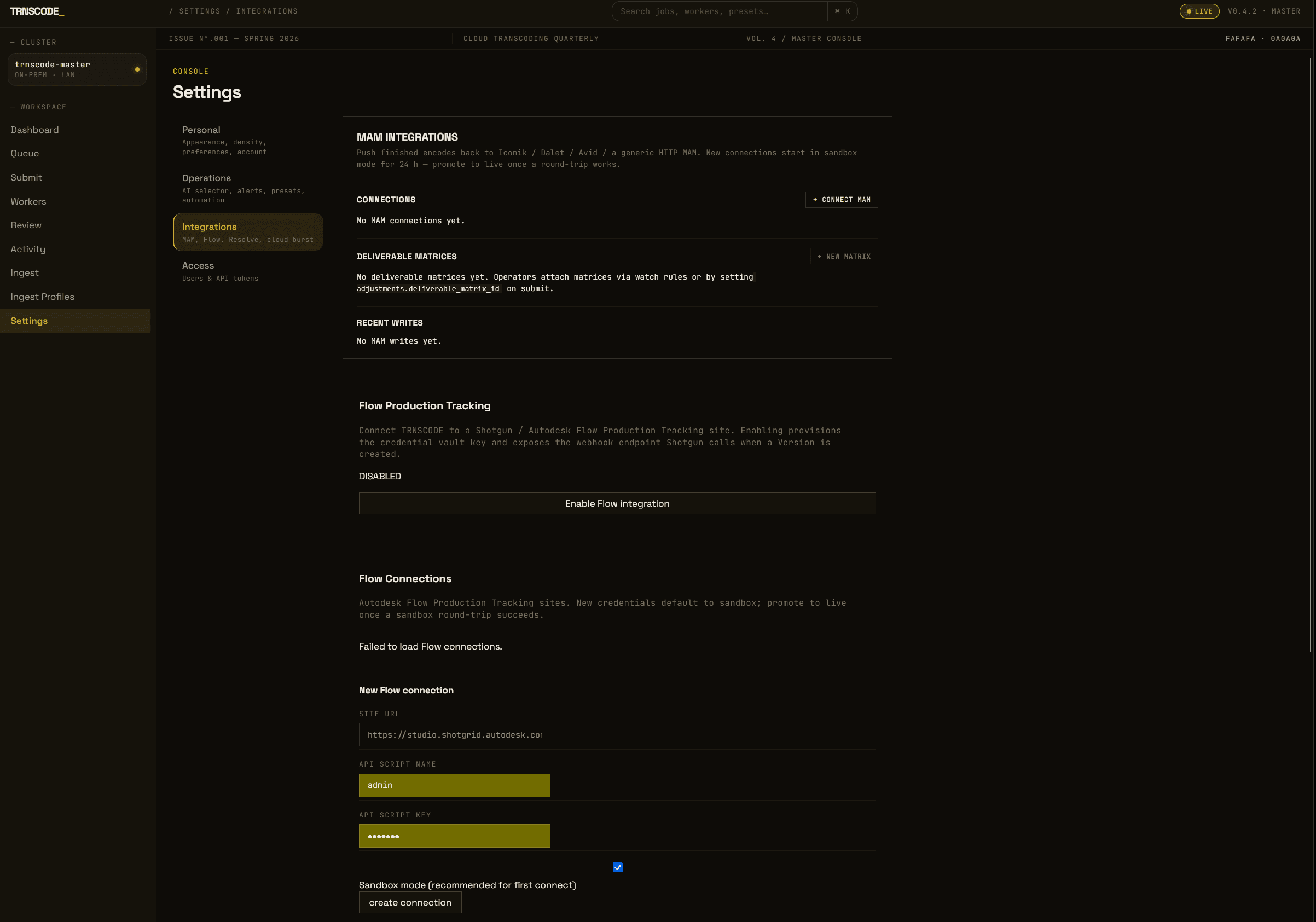 The TRNSCODE integrations settings — MAM connections plus the Autodesk Flow Production Tracking panel for connecting a studio's VFX shot-tracking instance.